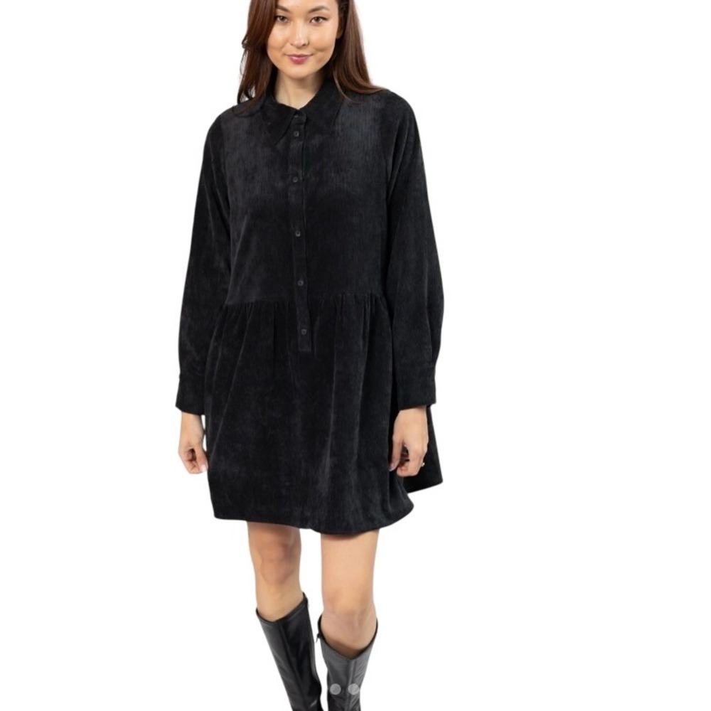 Smash + Tess Calista Mini Dress Black Corduroy Long Sleeve Collared XS